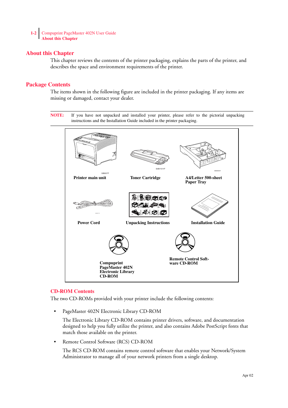 About this chapter, Package contents, Cd-rom contents | About this chapter 1-2, Package contents 1-2, Cd-rom contents 1-2 | CPG PageMaster 402N User Manual | Page 16 / 216