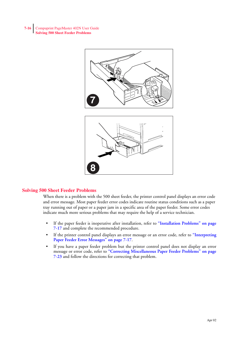 Solving 500 sheet feeder problems, Solving 500 sheet feeder problems 7-16 | CPG PageMaster 402N User Manual | Page 160 / 216
