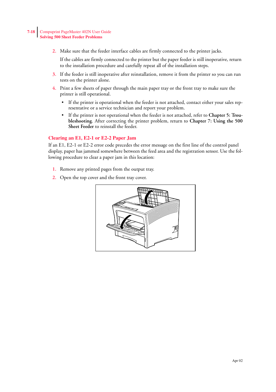 Clearing an e1, e2-1 or e2-2 paper jam, Clearing an e1, e2-1 or e2-2 paper jam 7-18 | CPG PageMaster 402N User Manual | Page 162 / 216