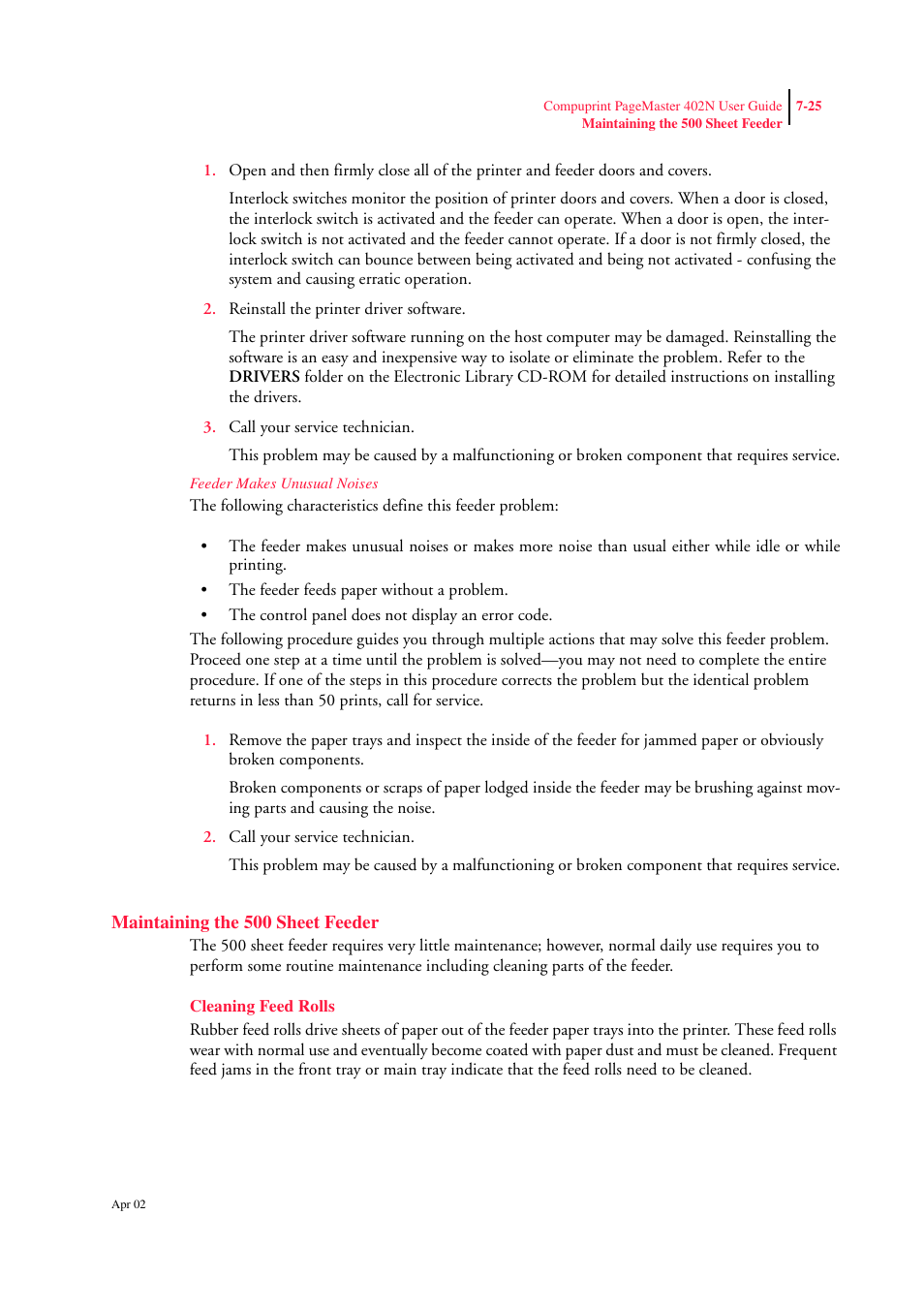 Feeder makes unusual noises, Maintaining the 500 sheet feeder, Cleaning feed rolls | Maintaining the 500 sheet feeder 7-25, Cleaning feed rolls 7-25 | CPG PageMaster 402N User Manual | Page 169 / 216