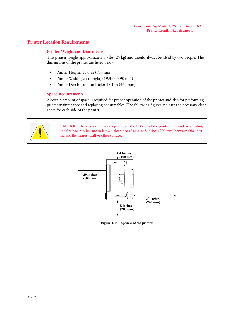 Printer location requirements, Printer weight and dimensions, Space requirements | Printer location requirements 1-3 | CPG PageMaster 402N User Manual | Page 17 / 216