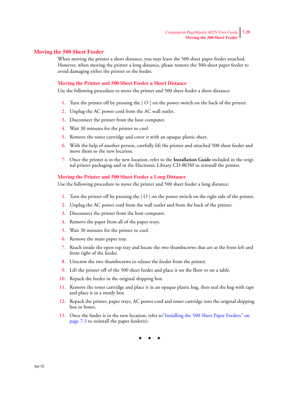 Moving the 500 sheet feeder, Moving the 500 sheet feeder 7-29 | CPG PageMaster 402N User Manual | Page 173 / 216