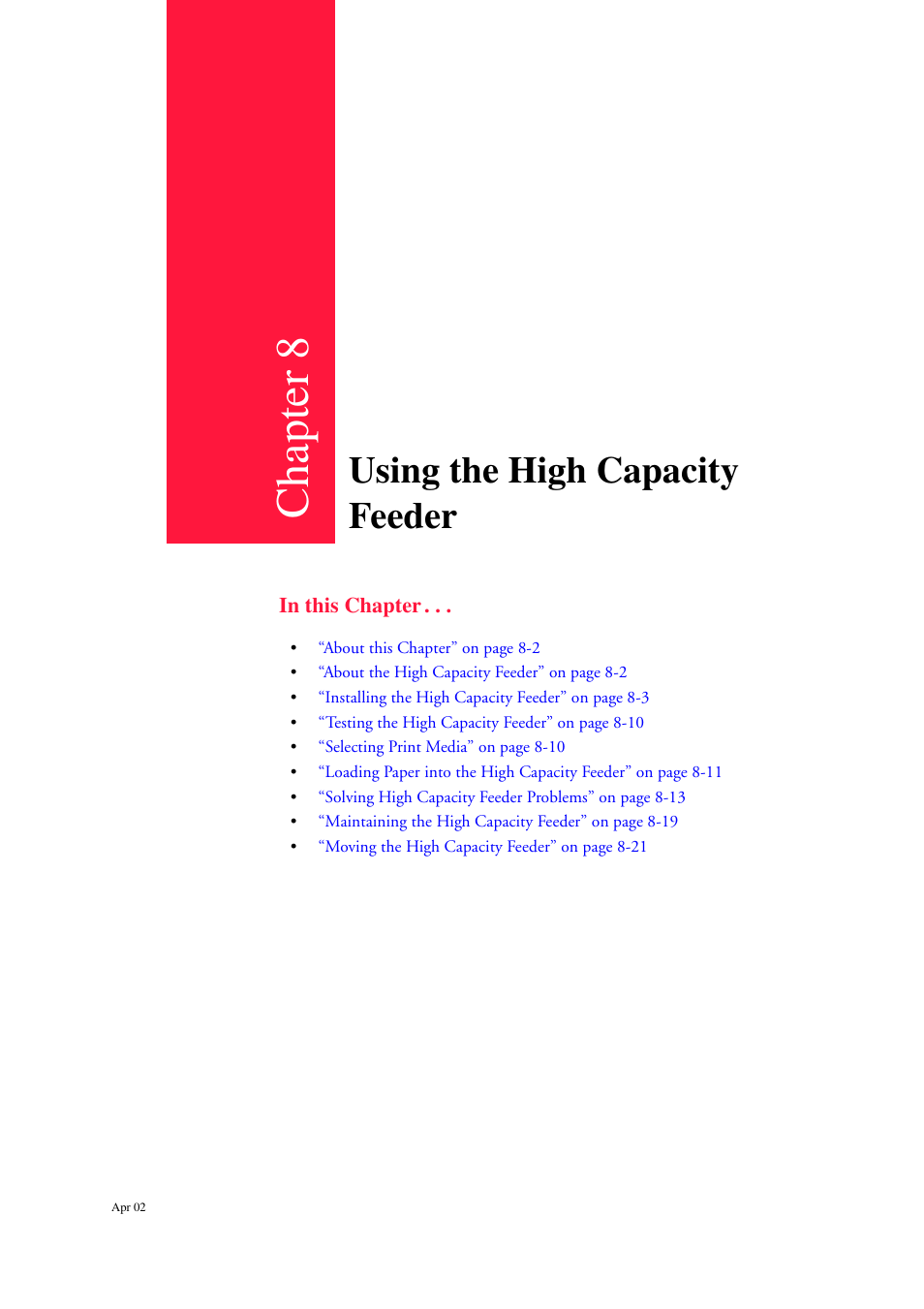 Using the high capacity feeder, Using the high capacity feeder 8-1, Chapter 8 | CPG PageMaster 402N User Manual | Page 175 / 216