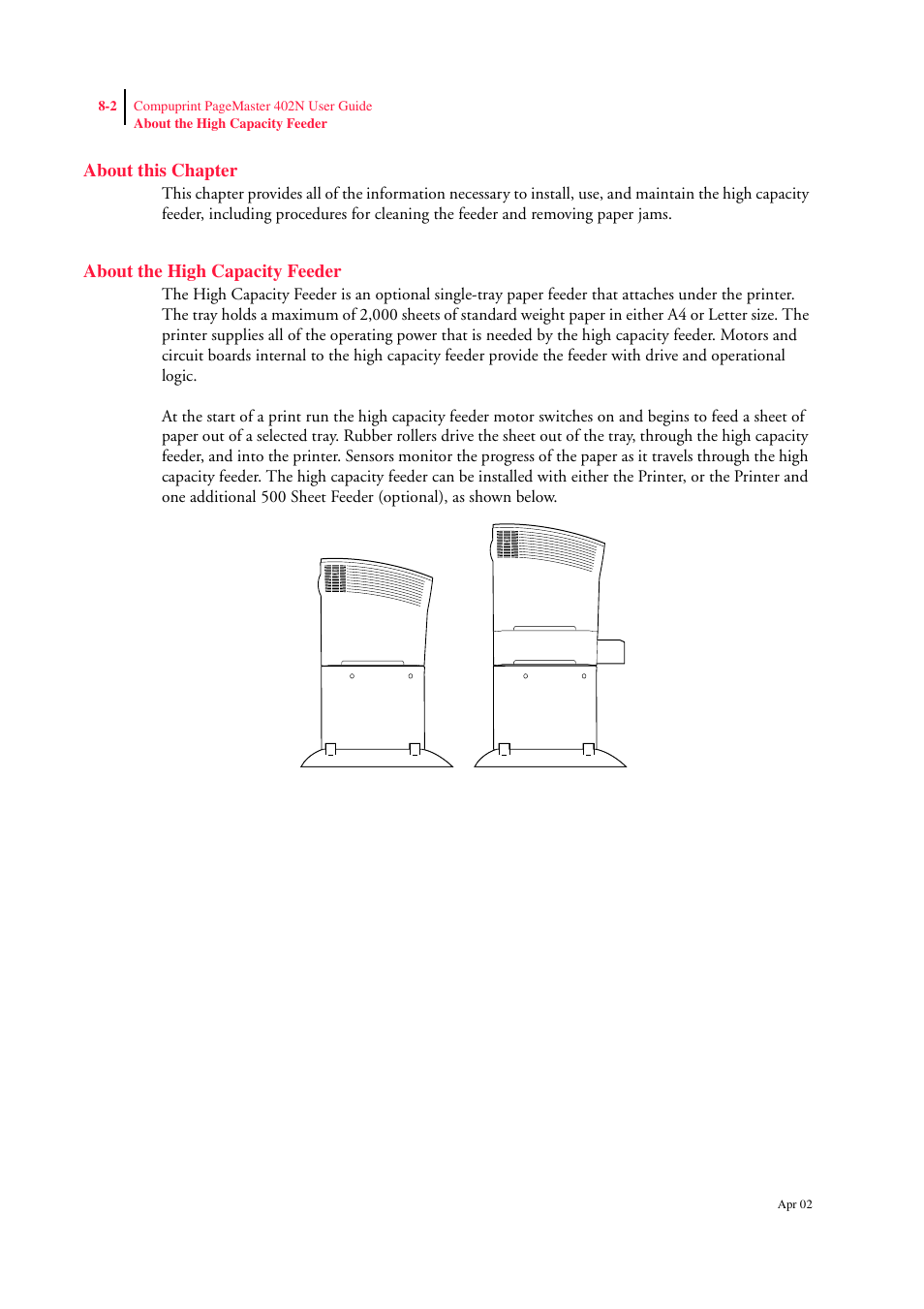 About this chapter, About the high capacity feeder, About the high capacity feeder 8-2 | CPG PageMaster 402N User Manual | Page 176 / 216