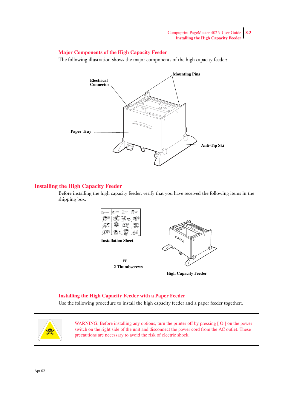 Major components of the high capacity feeder, Installing the high capacity feeder, Major components of the high capacity feeder 8-3 | Installing the high capacity feeder 8-3, A4 / ltr a3 / tabloid, Apr 02 | CPG PageMaster 402N User Manual | Page 177 / 216