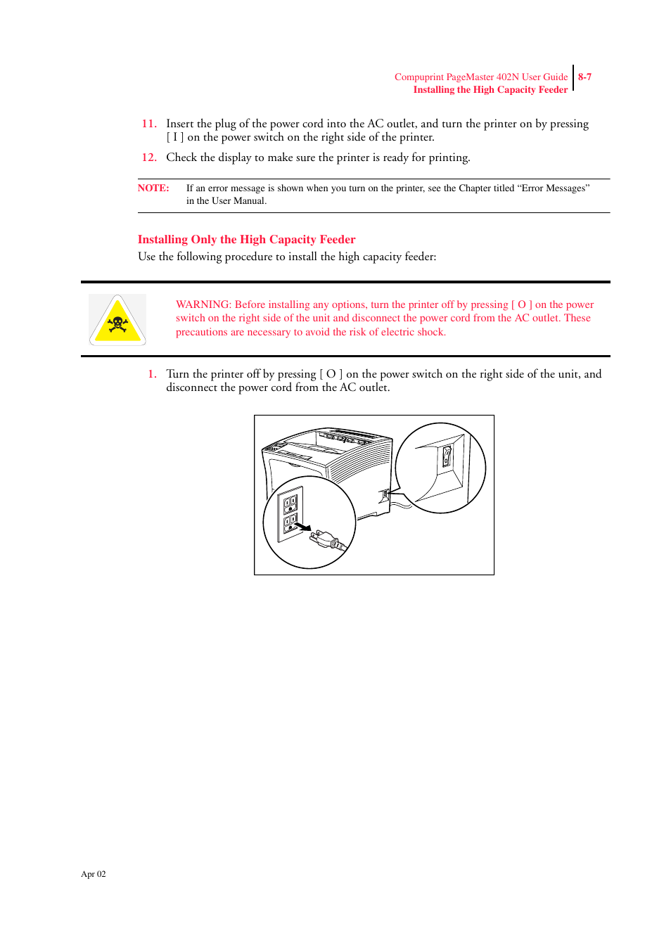 Installing only the high capacity feeder, Installing only the high capacity feeder 8-7 | CPG PageMaster 402N User Manual | Page 181 / 216