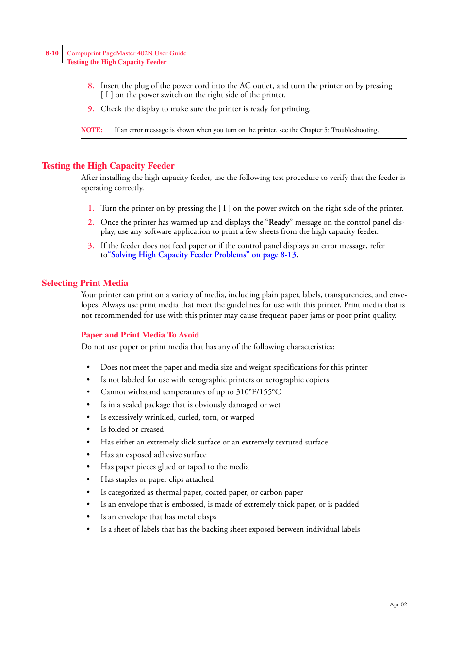 Testing the high capacity feeder, Selecting print media, Paper and print media to avoid | Testing the high capacity feeder 8-10, Selecting print media 8-10, Paper and print media to avoid 8-10 | CPG PageMaster 402N User Manual | Page 184 / 216