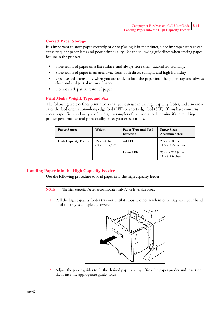 Correct paper storage, Print media weight, type, and size, Loading paper into the high capacity feeder | Loading paper into the high capacity feeder 8-11 | CPG PageMaster 402N User Manual | Page 185 / 216
