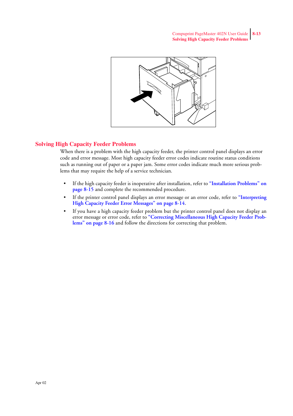 Solving high capacity feeder problems, Solving high capacity feeder problems 8-13 | CPG PageMaster 402N User Manual | Page 187 / 216