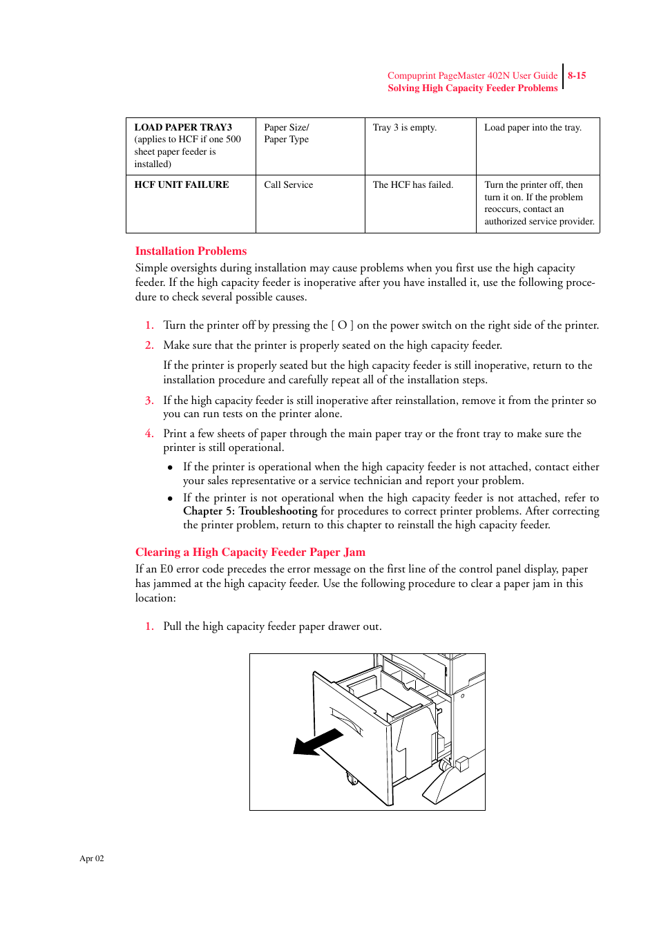 Installation problems, Clearing a high capacity feeder paper jam, Installation problems” on | CPG PageMaster 402N User Manual | Page 189 / 216