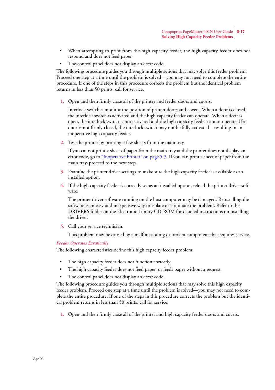Feeder operates erratically | CPG PageMaster 402N User Manual | Page 191 / 216