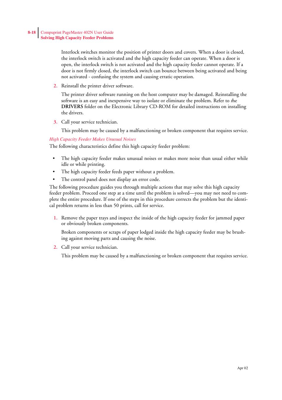 High capacity feeder makes unusual noises | CPG PageMaster 402N User Manual | Page 192 / 216