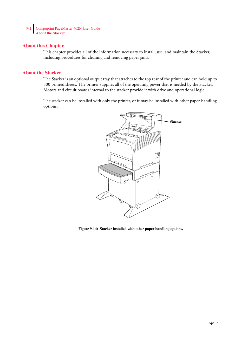 About this chapter, About the stacker, About the stacker 9-2 | CPG PageMaster 402N User Manual | Page 198 / 216