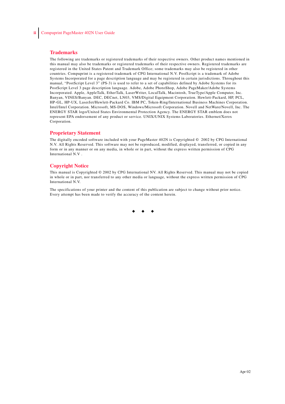 CPG PageMaster 402N User Manual | Page 2 / 216
