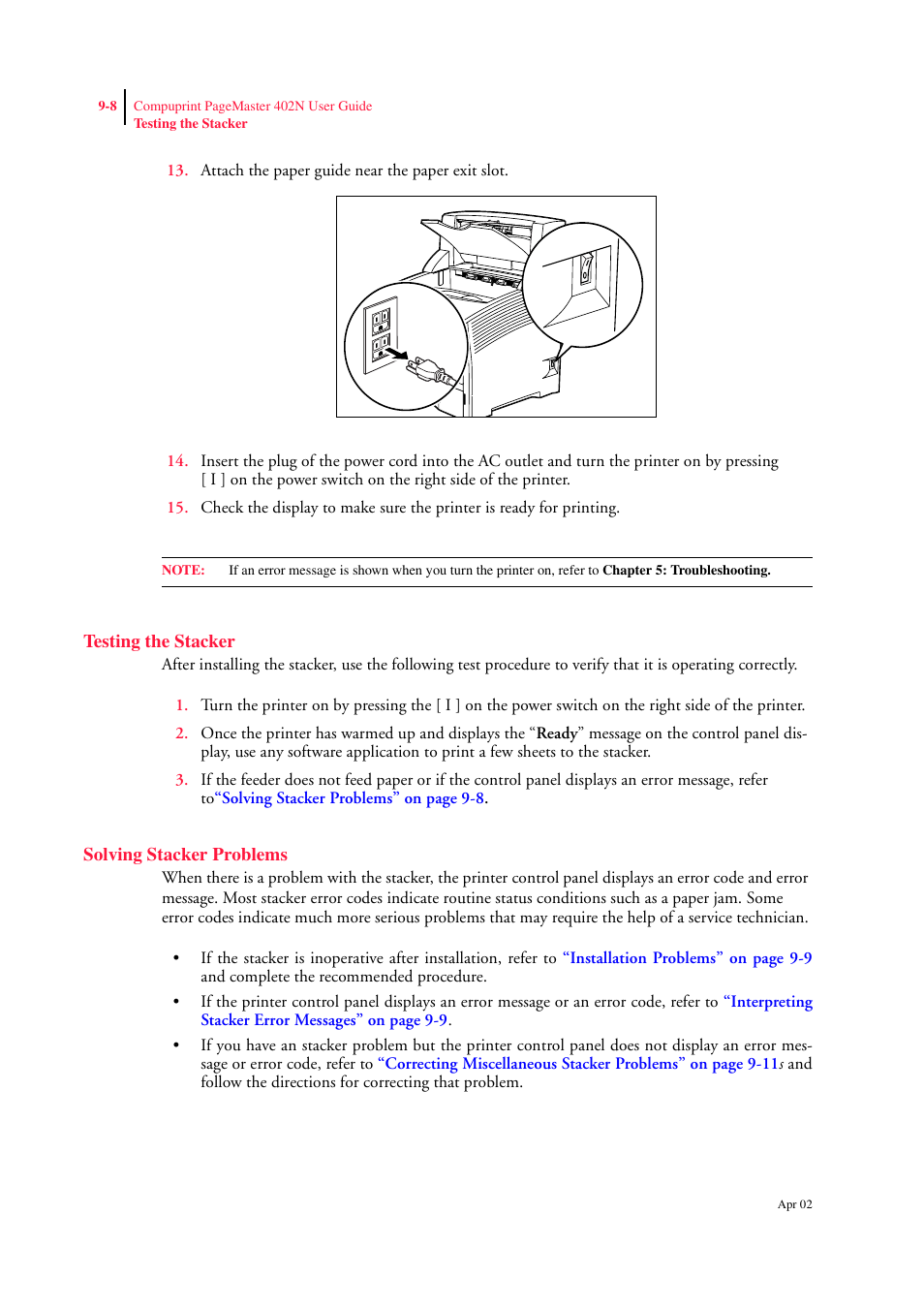 Testing the stacker, Solving stacker problems, Testing the stacker 9-8 | Solving stacker problems 9-8 | CPG PageMaster 402N User Manual | Page 204 / 216