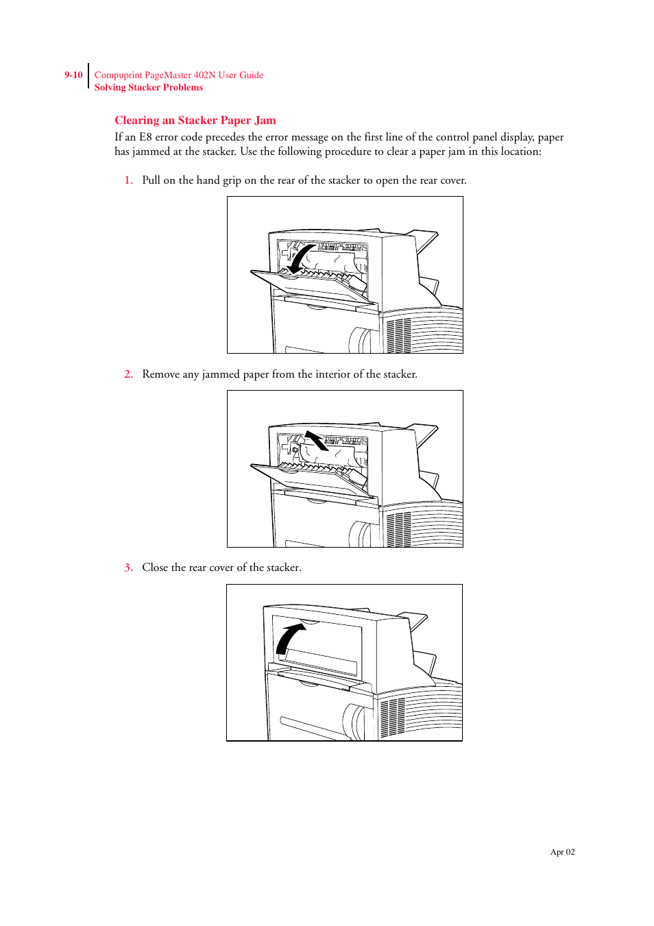 Clearing an stacker paper jam, Clearing an stacker paper jam 9-10 | CPG PageMaster 402N User Manual | Page 206 / 216