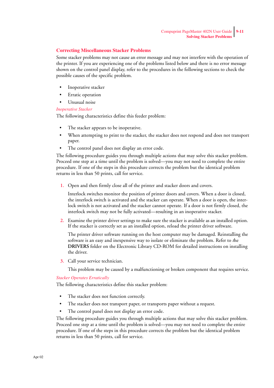 Correcting miscellaneous stacker problems, Inoperative stacker, Stacker operates erratically | Correcting miscellaneous stacker problems 9-11 | CPG PageMaster 402N User Manual | Page 207 / 216