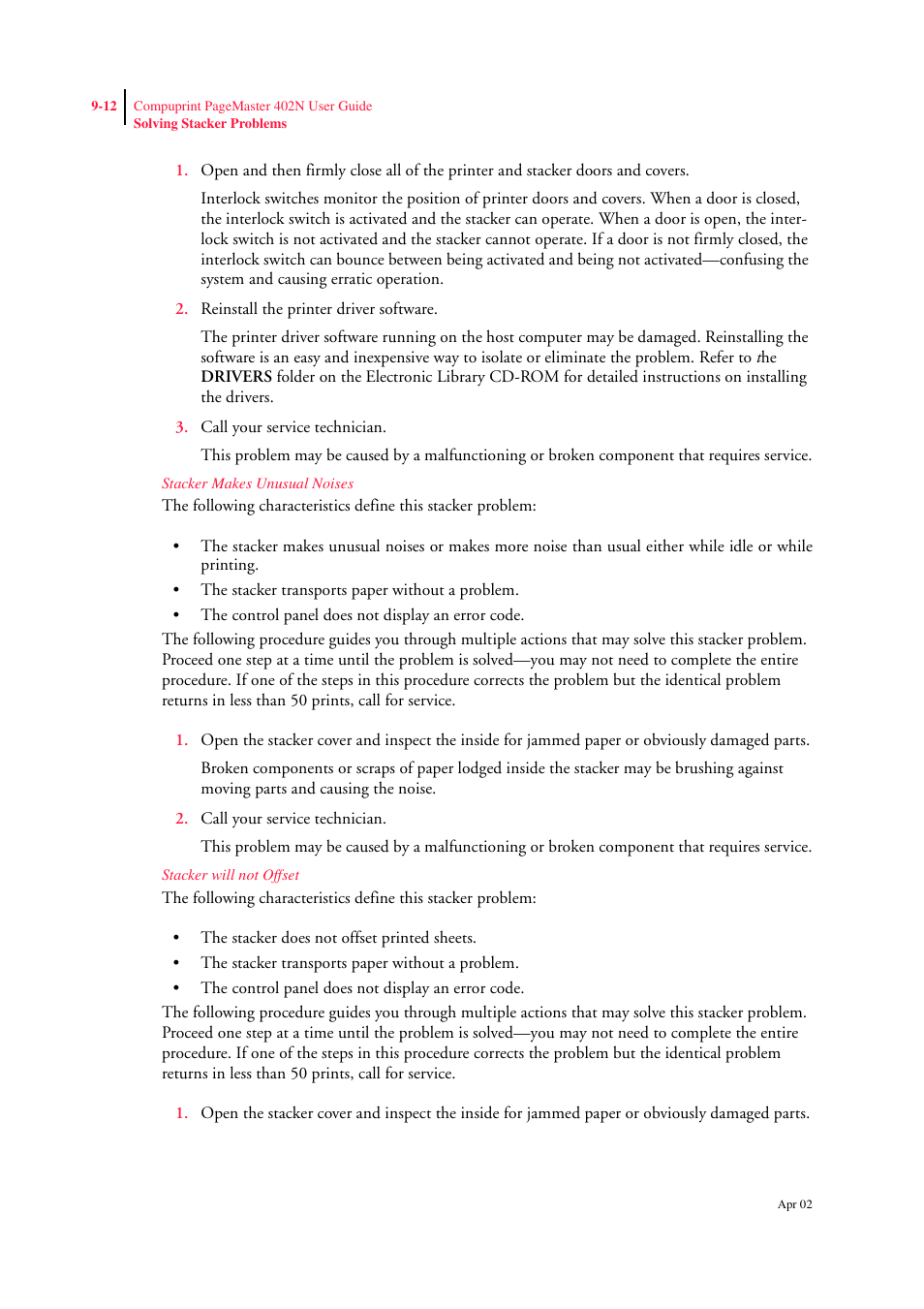Stacker makes unusual noises, Stacker will not offset | CPG PageMaster 402N User Manual | Page 208 / 216