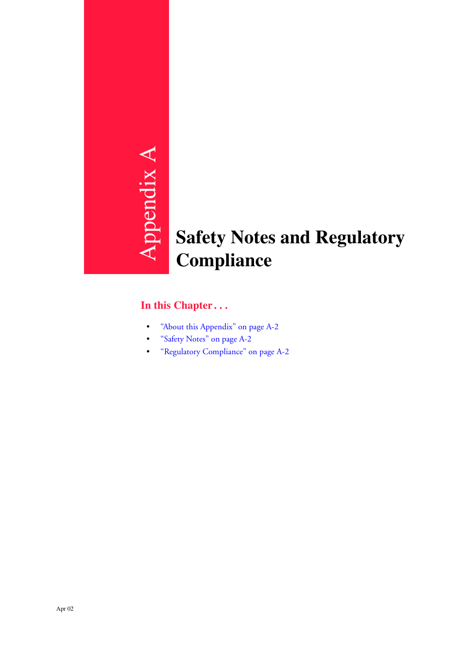 Safety notes and regulatory compliance, Safety notes and regulatory compliance a-1, Appendix a | CPG PageMaster 402N User Manual | Page 213 / 216