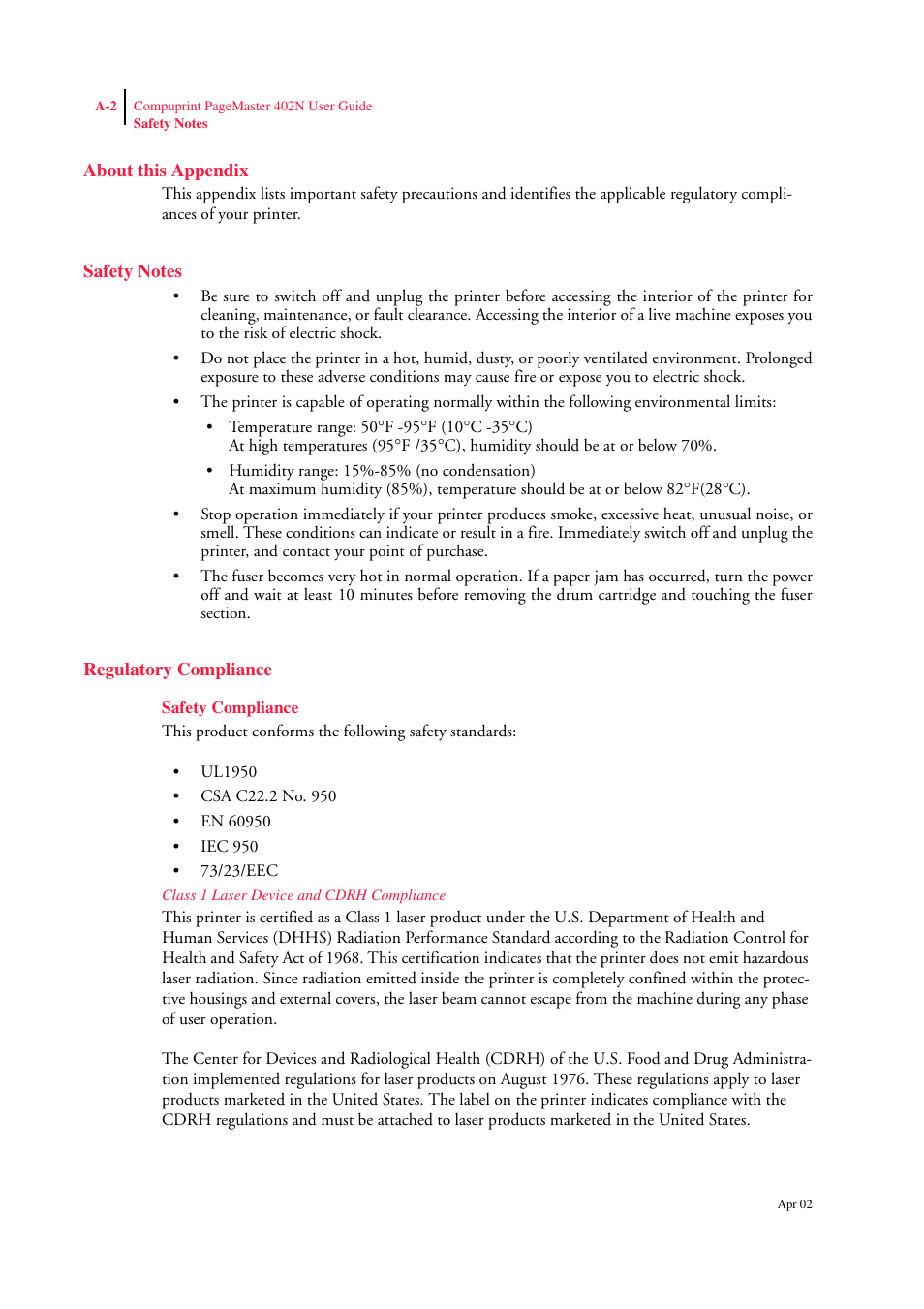 About this appendix, Safety notes, Regulatory compliance | Safety compliance, Class 1 laser device and cdrh compliance, Safety notes a-2, Regulatory compliance a-2, Safety compliance a-2 | CPG PageMaster 402N User Manual | Page 214 / 216
