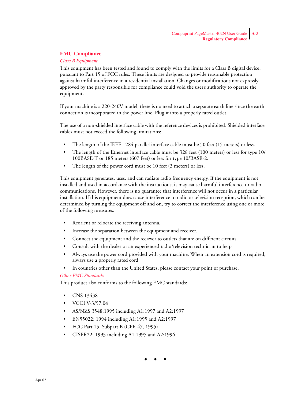 Emc compliance, Class b equipment, Other emc standards | Emc compliance a-3 | CPG PageMaster 402N User Manual | Page 215 / 216