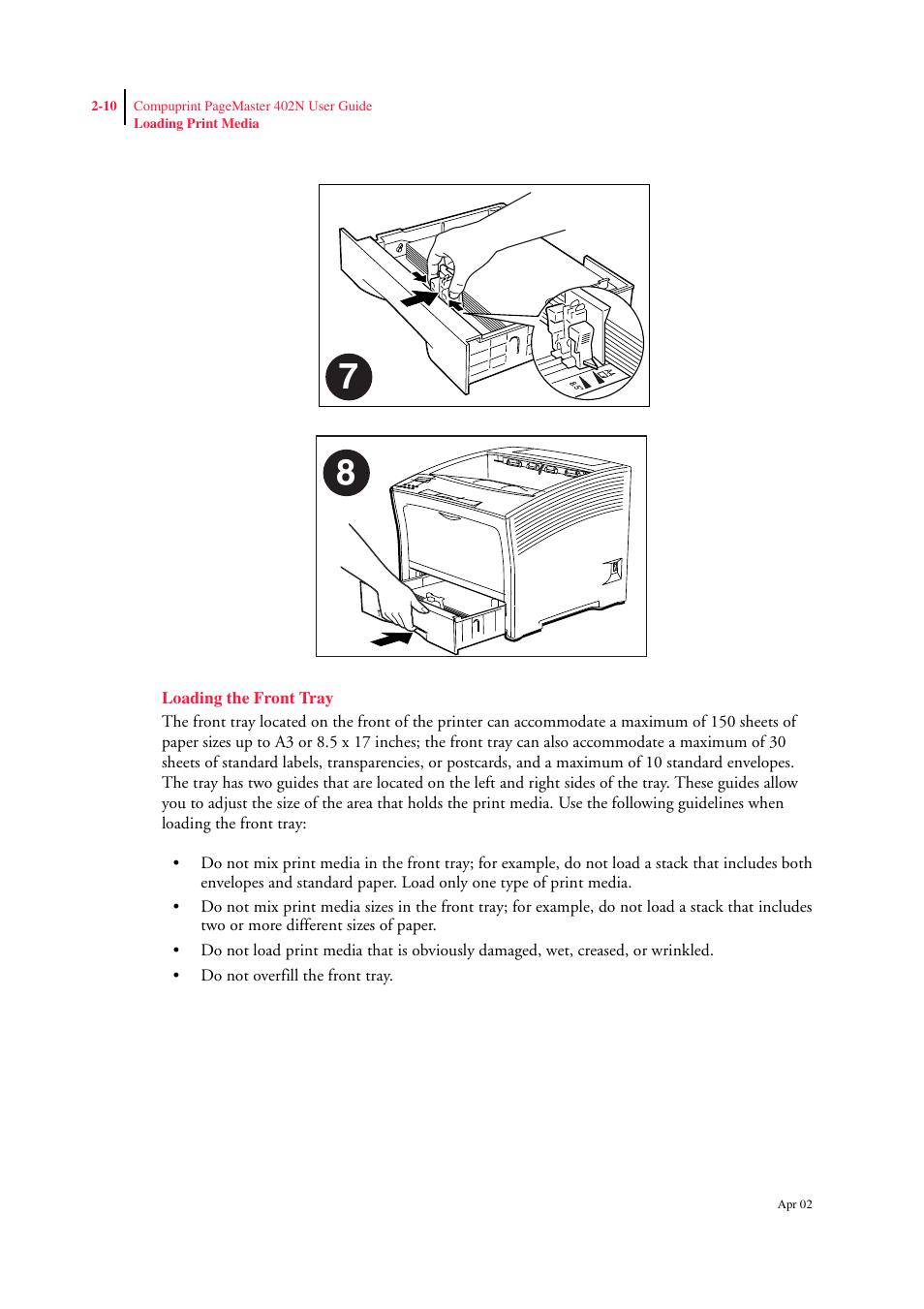 Loading the front tray, Loading the front tray 2-10 | CPG PageMaster 402N User Manual | Page 34 / 216
