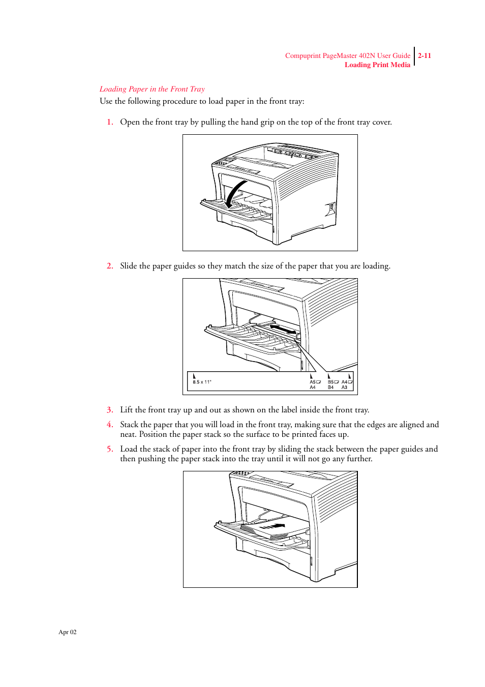 Loading paper in the front tray | CPG PageMaster 402N User Manual | Page 35 / 216