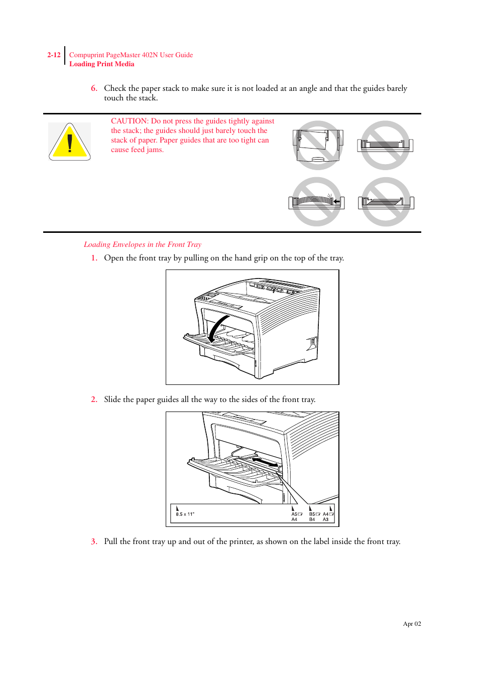Loading envelopes in the front tray | CPG PageMaster 402N User Manual | Page 36 / 216