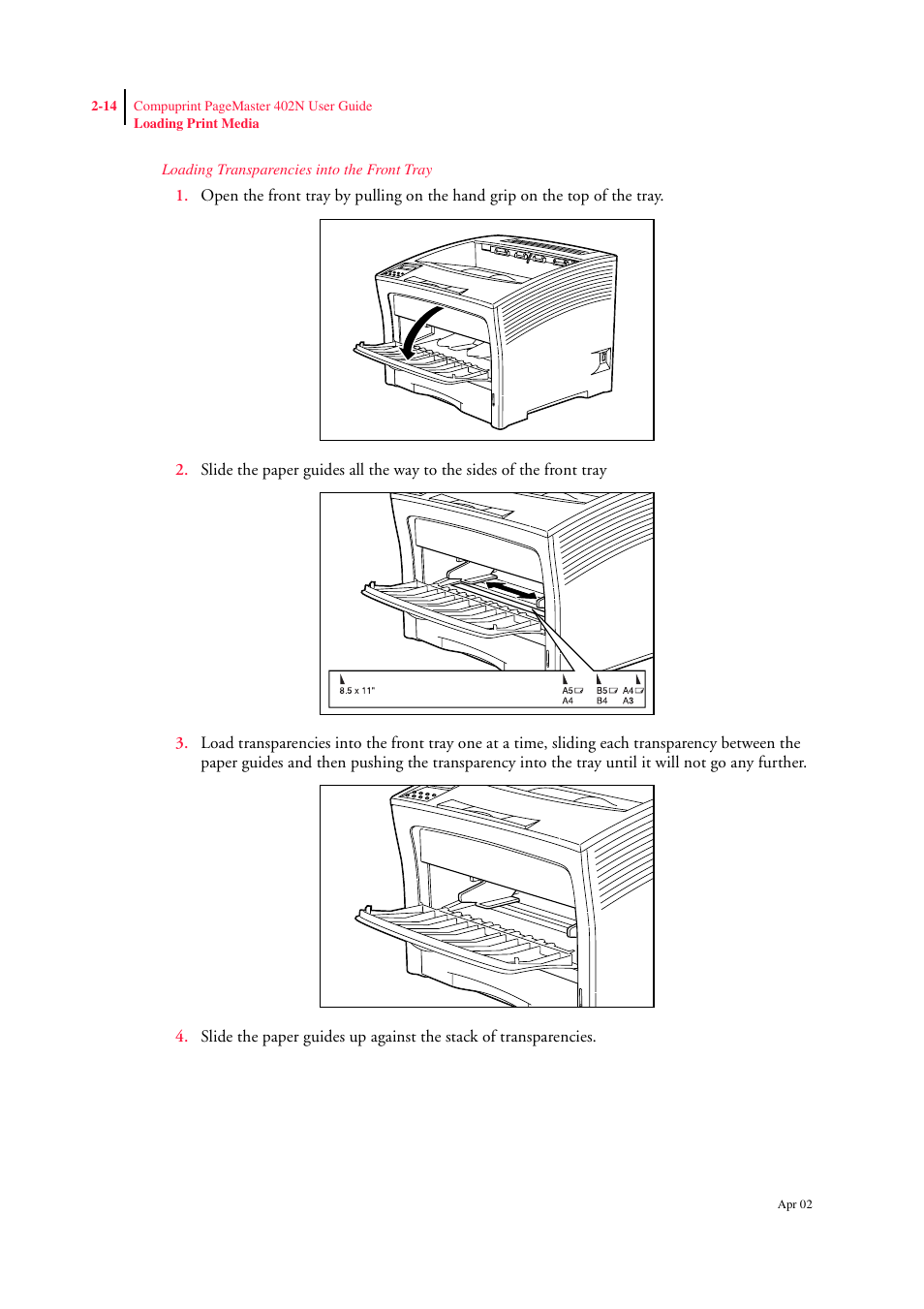 Loading transparencies into the front tray | CPG PageMaster 402N User Manual | Page 38 / 216
