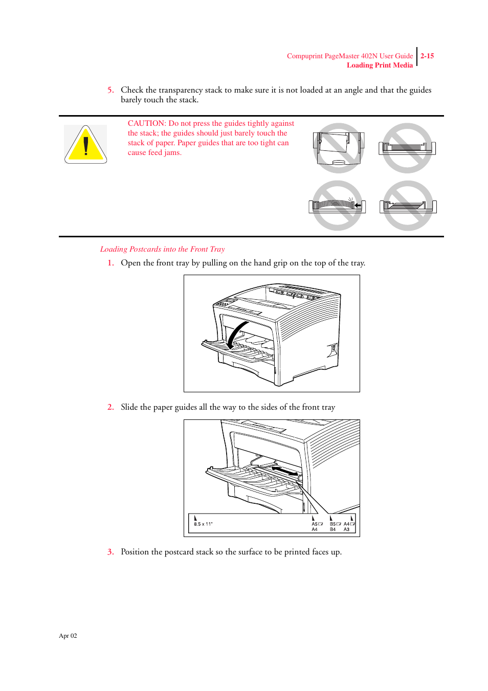 Loading postcards into the front tray | CPG PageMaster 402N User Manual | Page 39 / 216