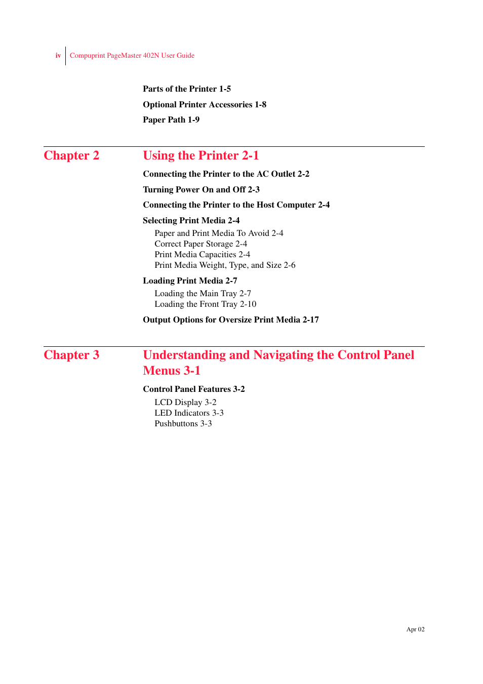 Chapter 2 using the printer 2-1 | CPG PageMaster 402N User Manual | Page 4 / 216