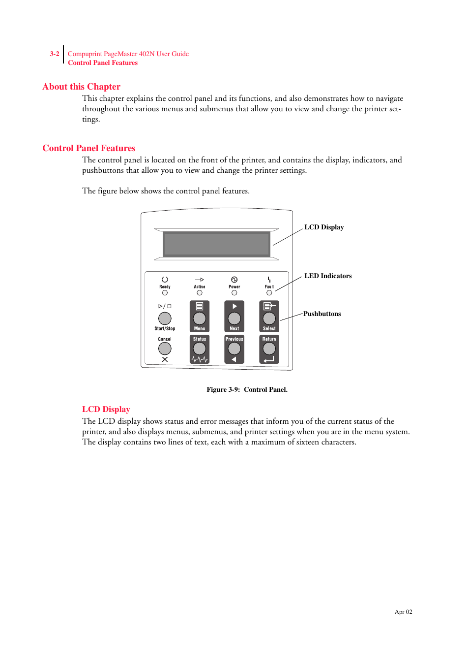 About this chapter, Control panel features, Lcd display | Control panel features 3-2, Lcd display 3-2 | CPG PageMaster 402N User Manual | Page 44 / 216