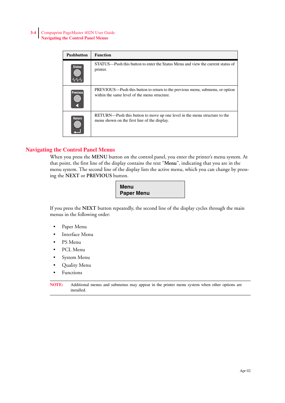 Navigating the control panel menus, Navigating the control panel menus 3-4 | CPG PageMaster 402N User Manual | Page 46 / 216