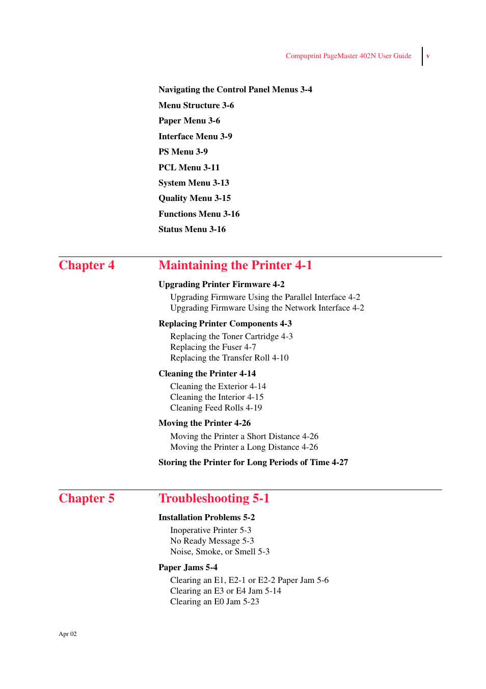 Chapter 4 maintaining the printer 4-1, Chapter 5 troubleshooting 5-1 | CPG PageMaster 402N User Manual | Page 5 / 216