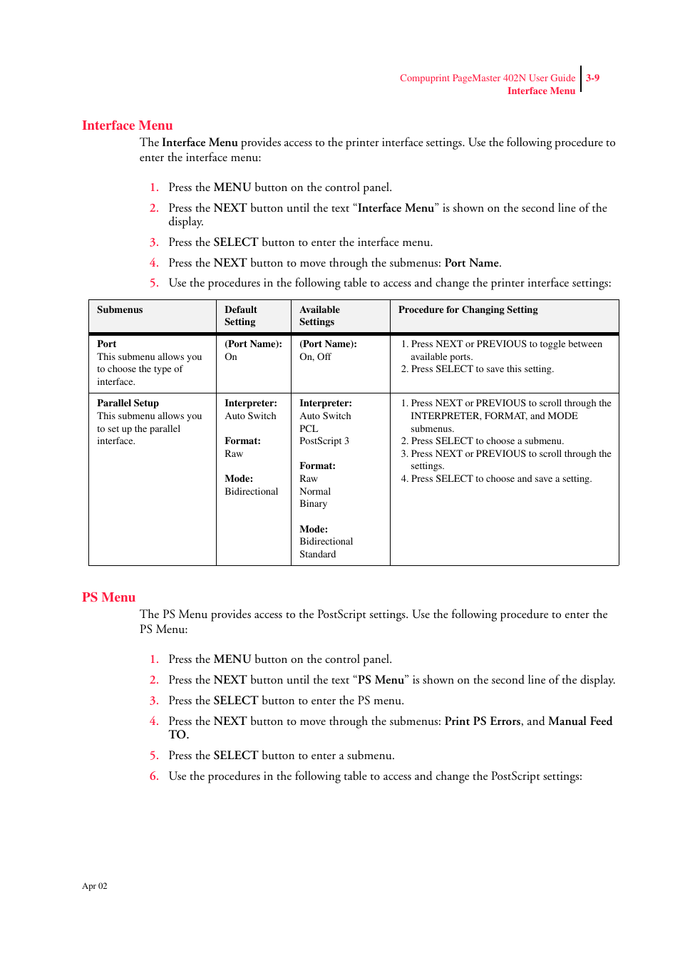 Interface menu, Ps menu, Interface menu 3-9 | Ps menu 3-9 | CPG PageMaster 402N User Manual | Page 51 / 216