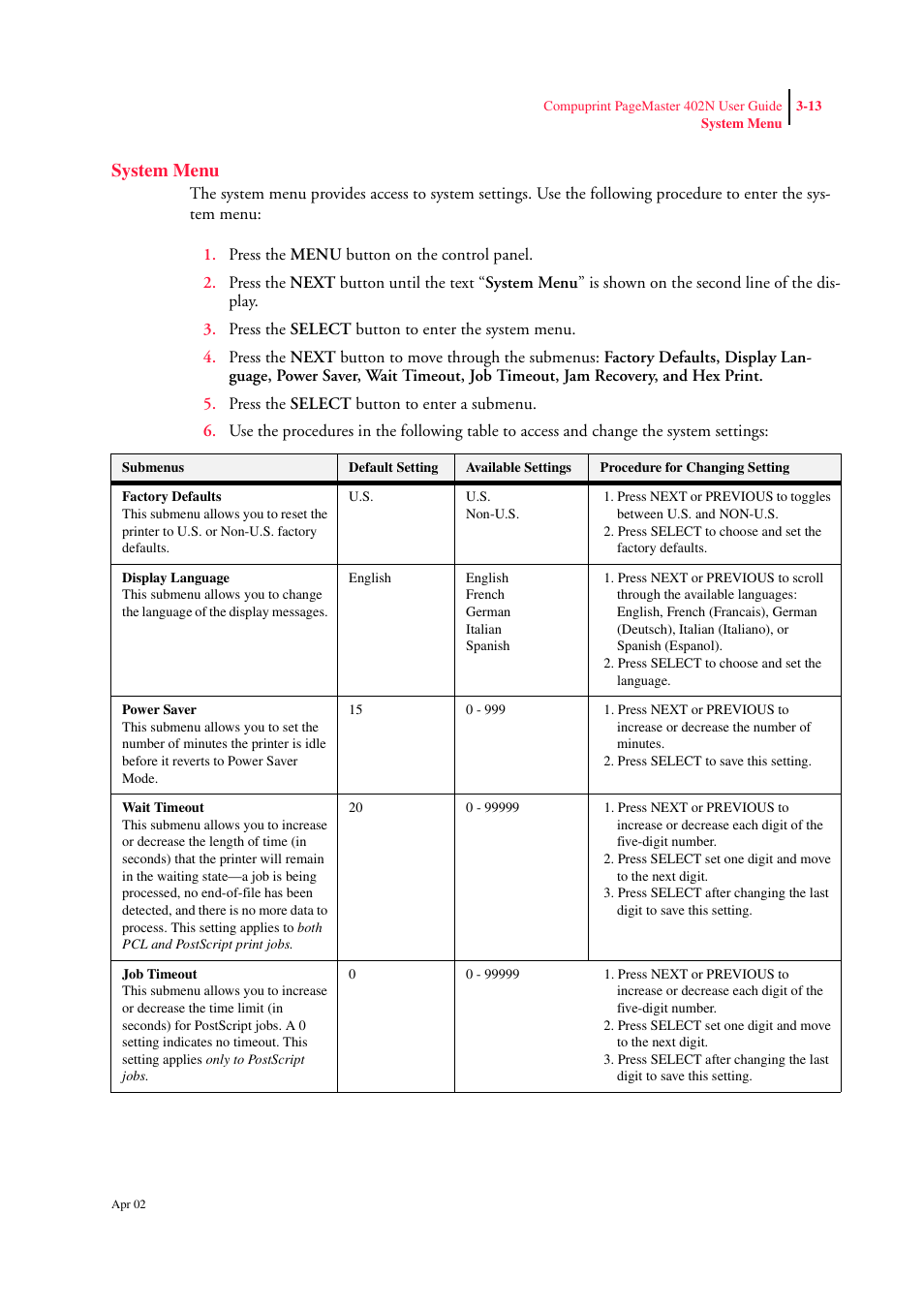 System menu, System menu 3-13 | CPG PageMaster 402N User Manual | Page 55 / 216