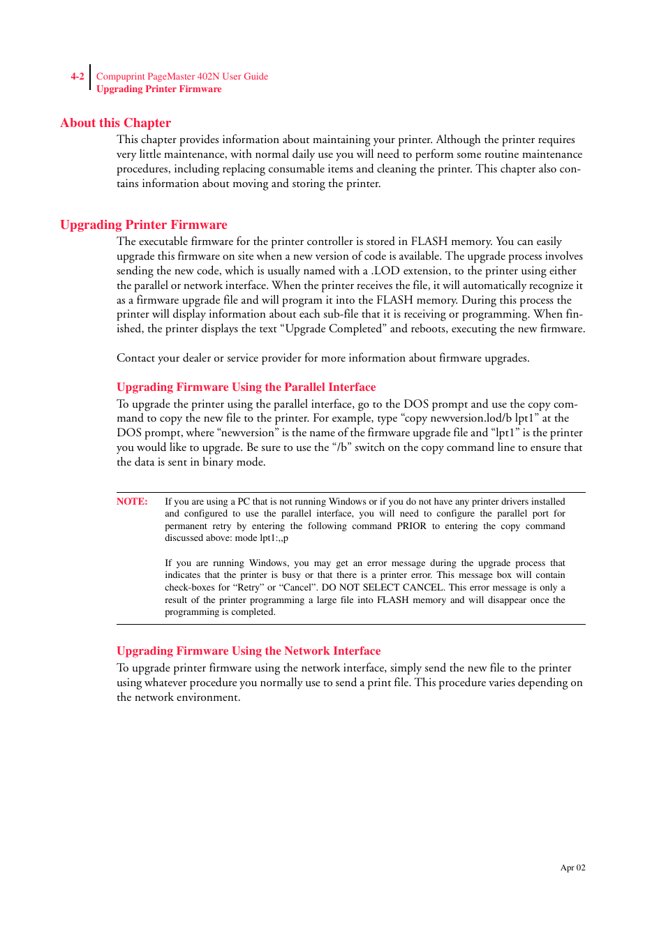 About this chapter, Upgrading printer firmware, Upgrading firmware using the parallel interface | Upgrading firmware using the network interface, Upgrading printer firmware 4-2 | CPG PageMaster 402N User Manual | Page 62 / 216
