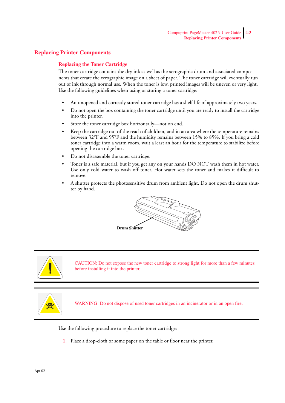 Replacing printer components, Replacing the toner cartridge, Replacing printer components 4-3 | Replacing the toner cartridge 4-3 | CPG PageMaster 402N User Manual | Page 63 / 216