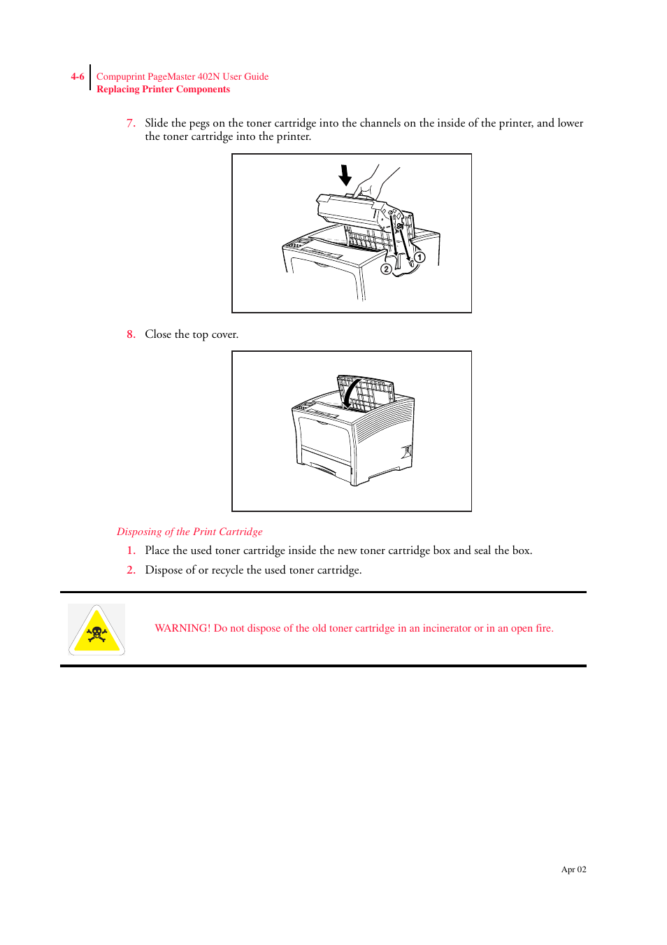 Disposing of the print cartridge | CPG PageMaster 402N User Manual | Page 66 / 216