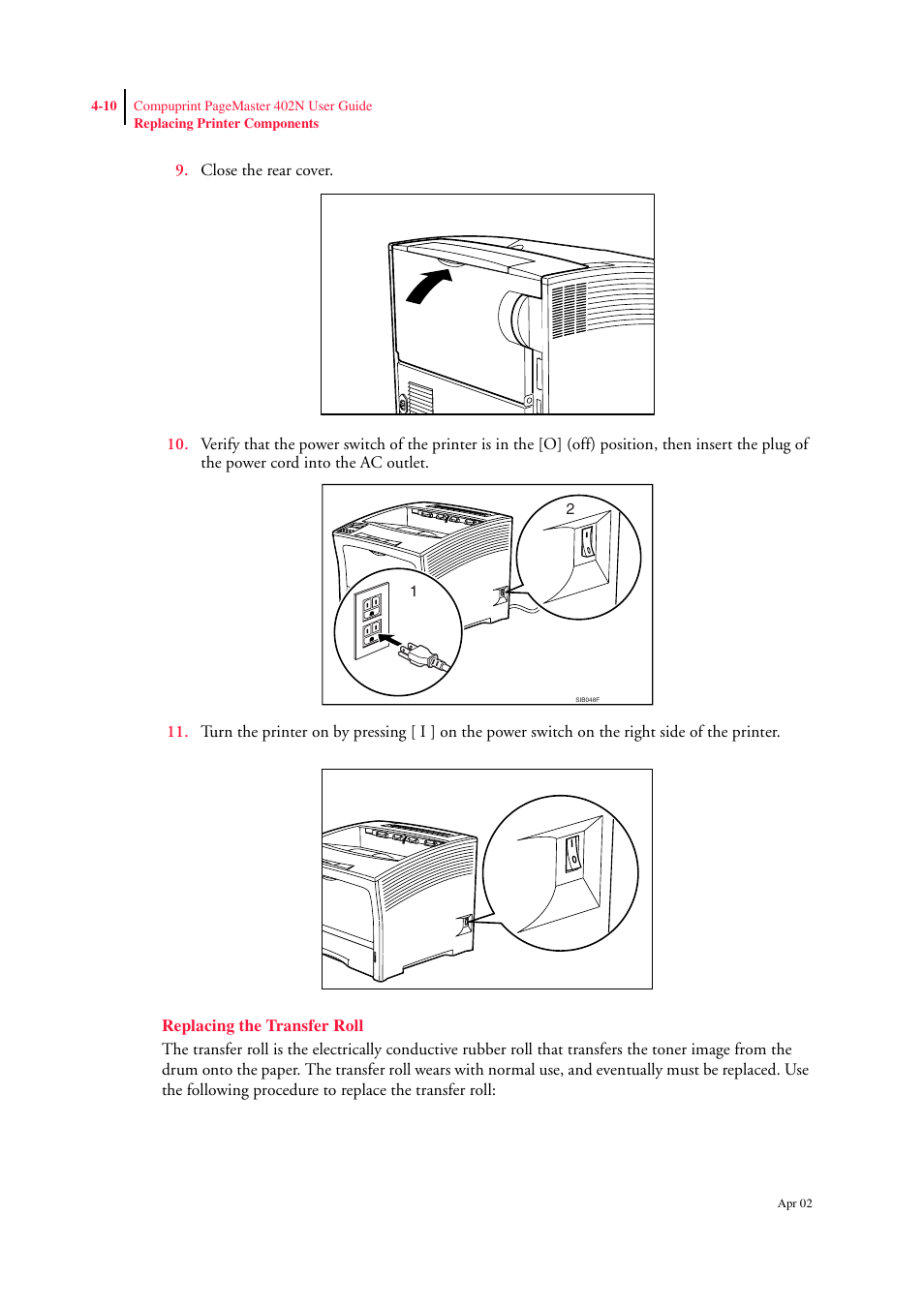 Replacing the transfer roll, Replacing the transfer roll 4-10 | CPG PageMaster 402N User Manual | Page 70 / 216