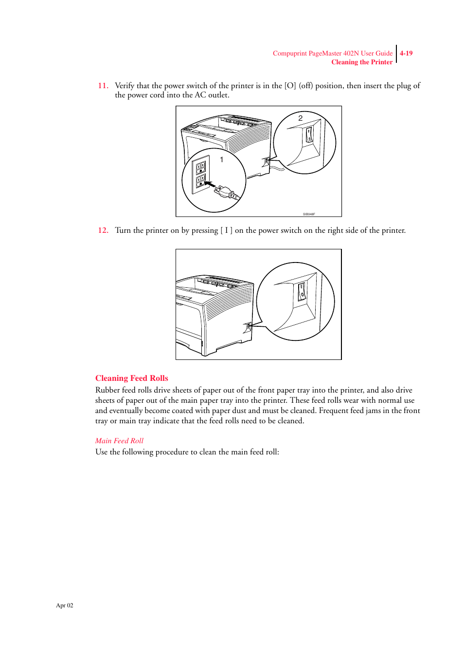 Cleaning feed rolls, Main feed roll, Cleaning feed rolls 4-19 | CPG PageMaster 402N User Manual | Page 79 / 216