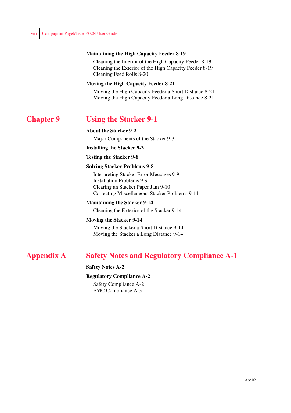 Chapter 9 using the stacker 9-1 | CPG PageMaster 402N User Manual | Page 8 / 216