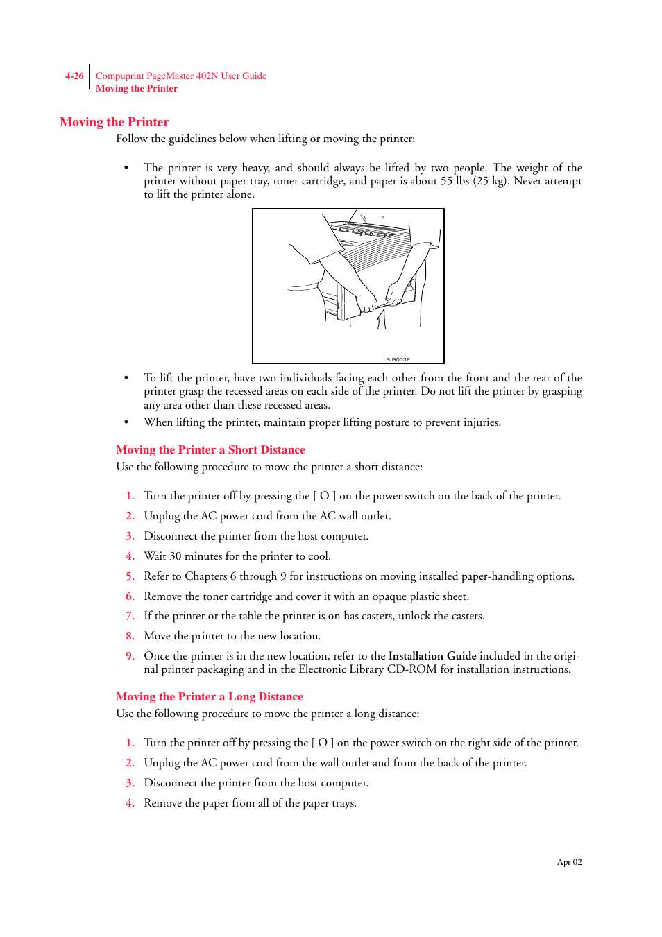 Moving the printer, Moving the printer a short distance, Moving the printer a long distance | Moving the printer 4-26 | CPG PageMaster 402N User Manual | Page 86 / 216