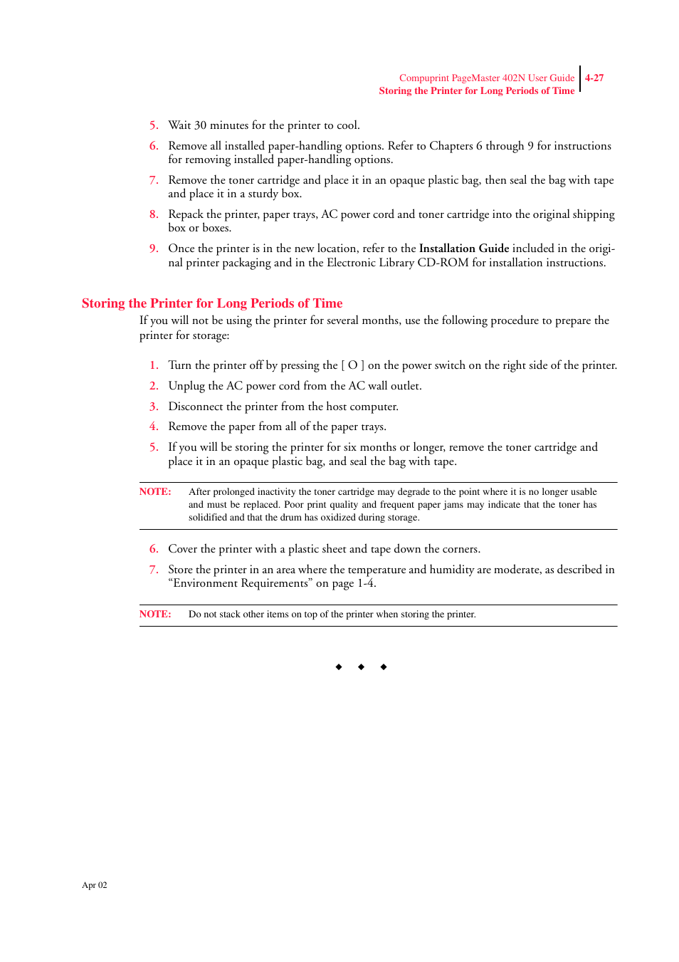 Storing the printer for long periods of time, Storing the printer for long periods of time 4-27 | CPG PageMaster 402N User Manual | Page 87 / 216