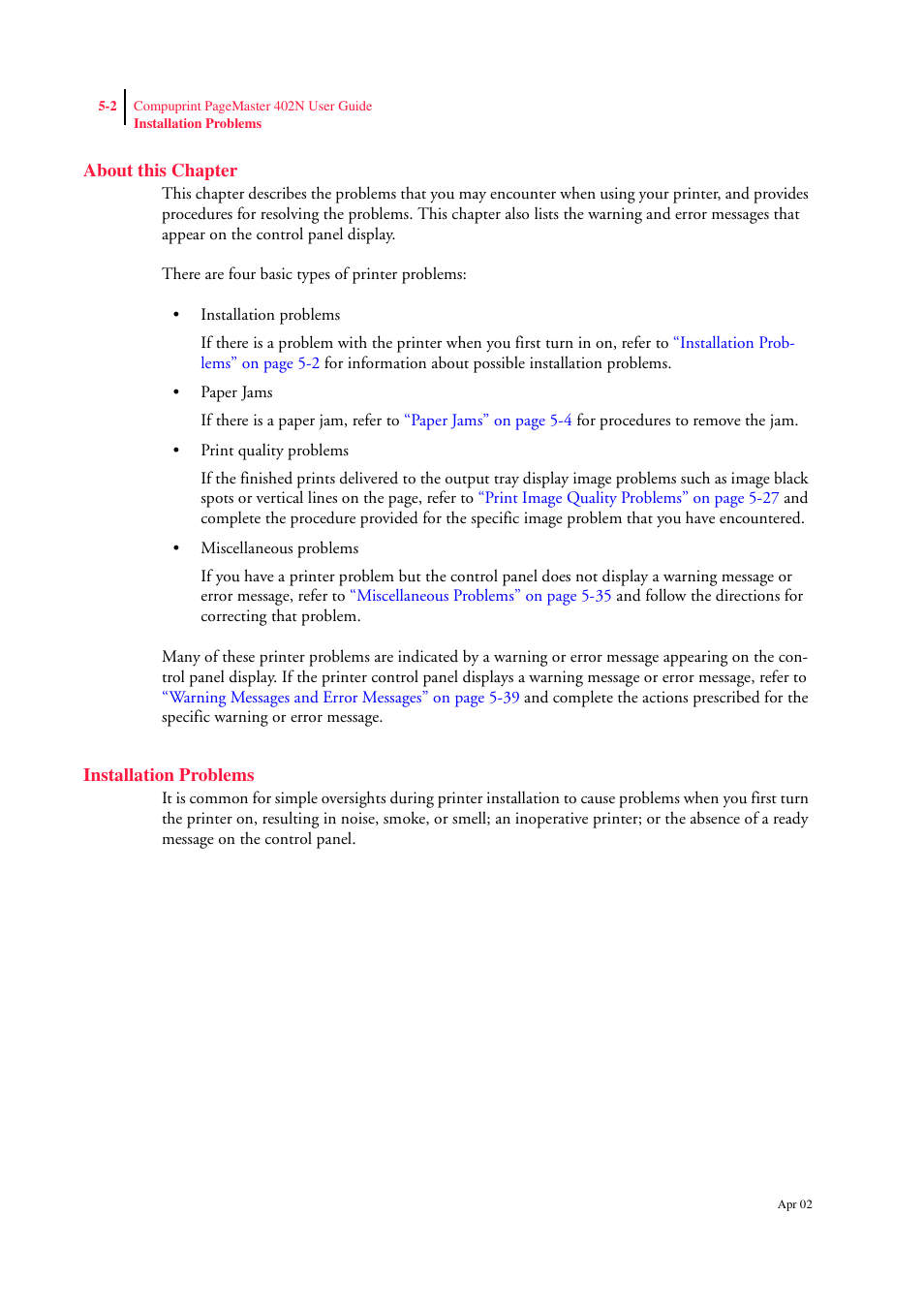 About this chapter, Installation problems, Installation problems 5-2 | CPG PageMaster 402N User Manual | Page 90 / 216