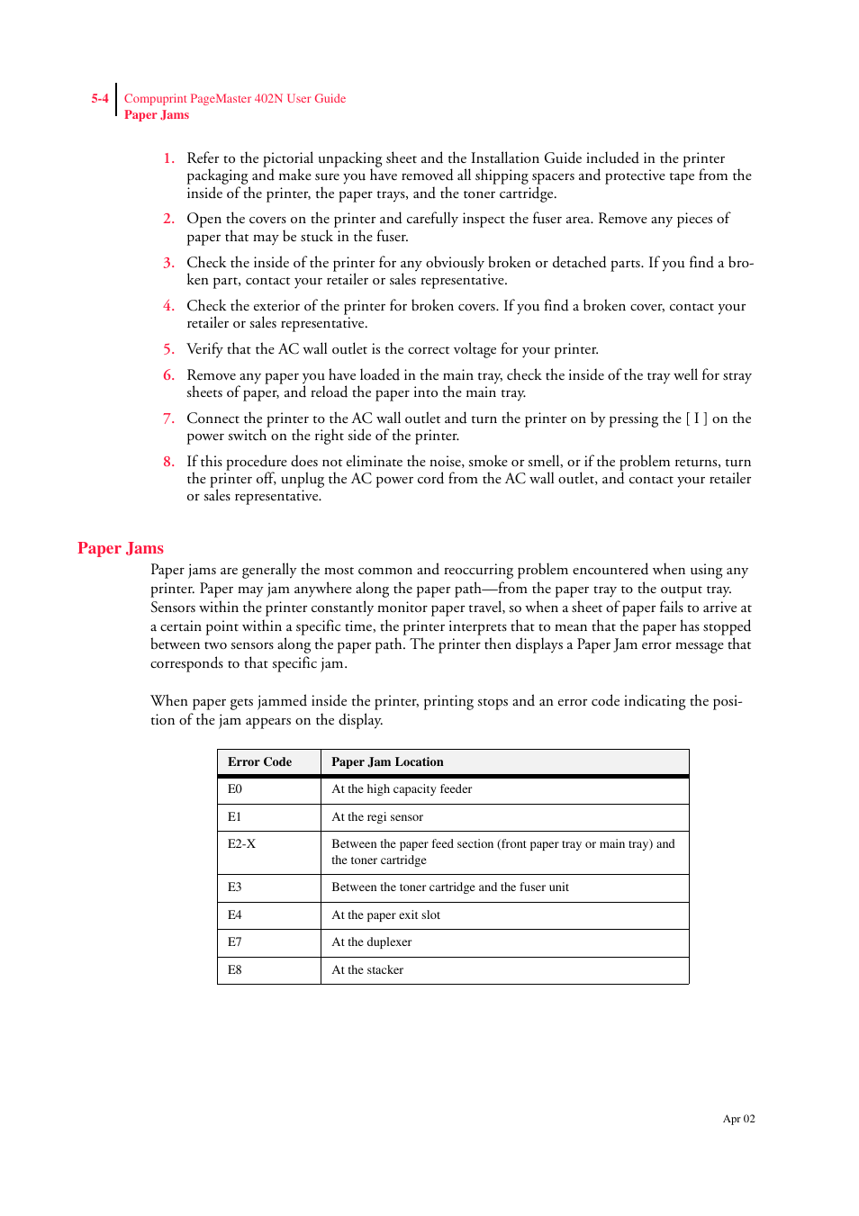 Paper jams, Paper jams 5-4 | CPG PageMaster 402N User Manual | Page 92 / 216