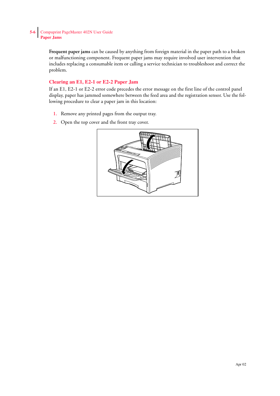 Clearing an e1, e2-1 or e2-2 paper jam, Clearing an e1, e2-1 or e2-2 paper jam 5-6 | CPG PageMaster 402N User Manual | Page 94 / 216
