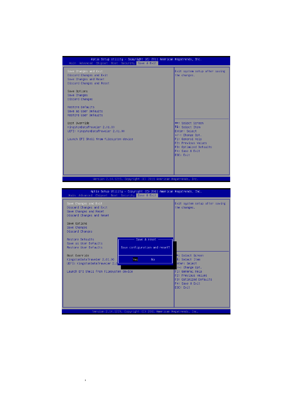 Save and exit, Save changes and exit, Discard changes and exit | Avalue ESM-QM77B User Manual | Page 62 / 75