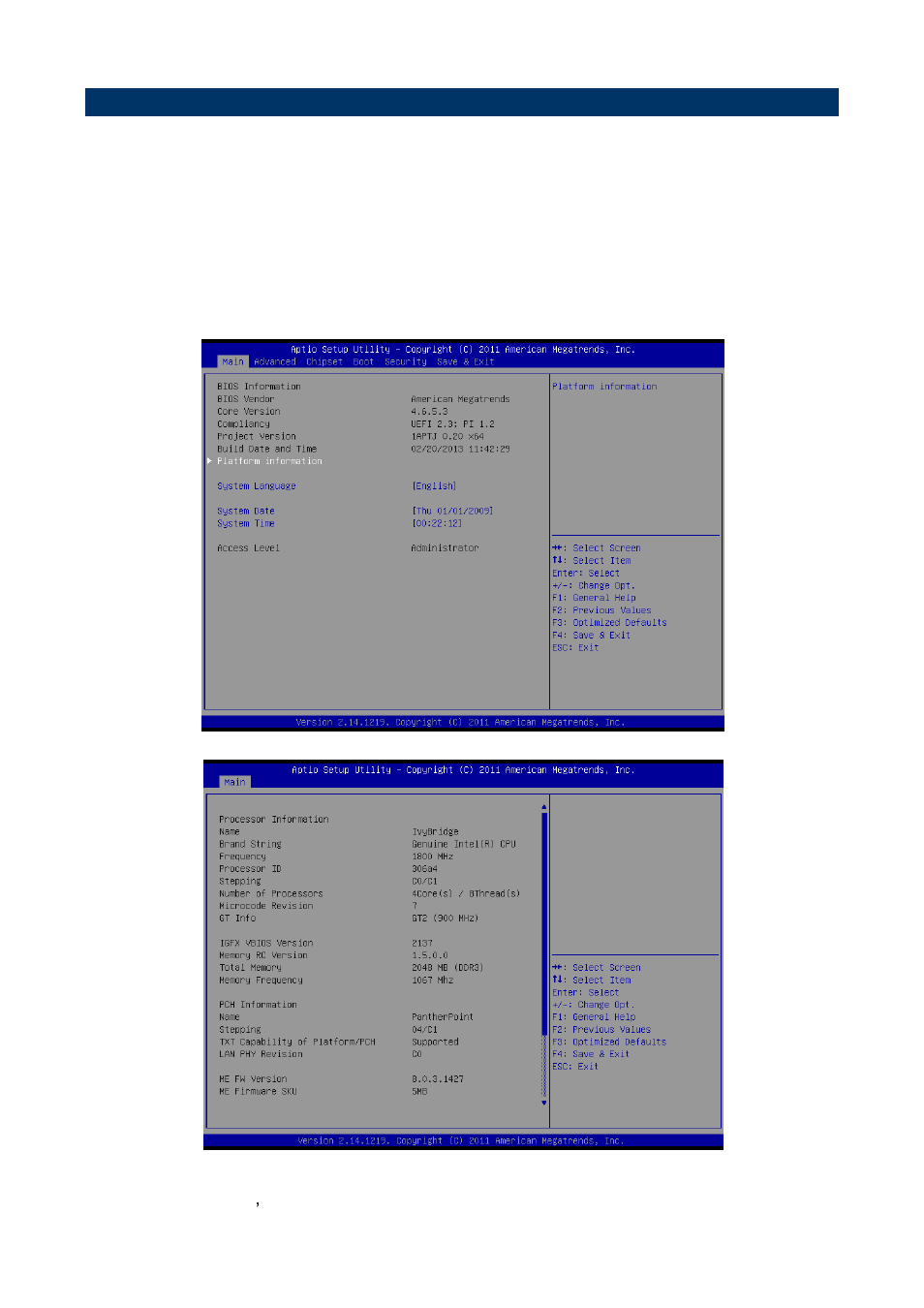 Bios setup, Main menu | Avalue ESM-QM77 User Manual | Page 38 / 85