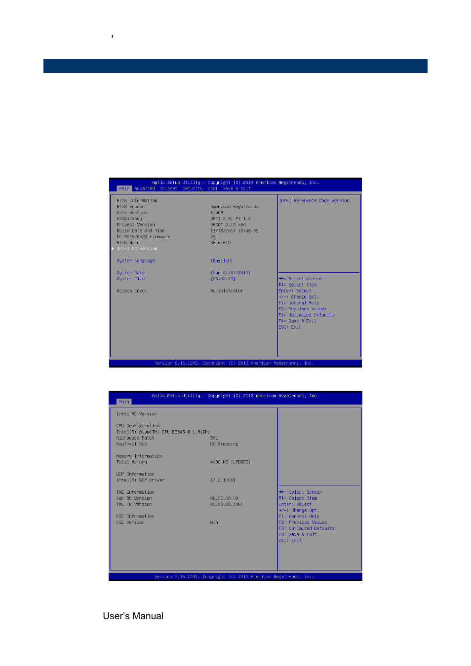 Bios setup, Main menu | Avalue ESM-BYT User Manual | Page 38 / 76